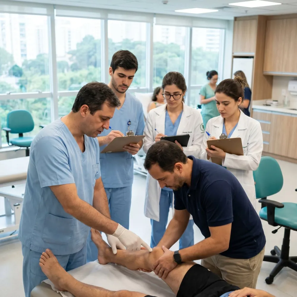 Médicos cirurgiões e fisioterapeutas em atendimento clínico de joelho